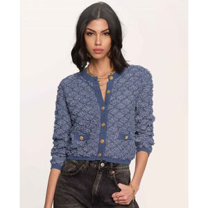 NEW Heartloom Kiel Cardigan Sweater Large Blue Gold Buttons Preppy Coastal Soft